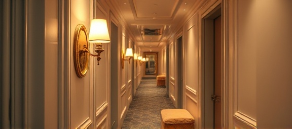 chic wall sconce, sophisticated, casting soft light, photorealistic, in a lavish hotel hallway with plush carpets, highly detailed, reflections on chrome surfaces, artistic angles, white and gold, dim lighting, shot with an 85mm lens.