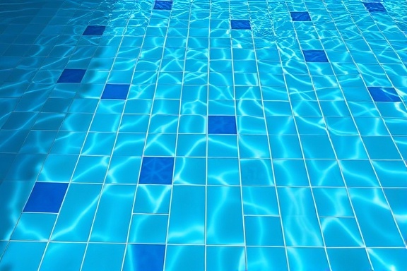 vivid tile colors, vibrant, shimmering under light, photorealistic, tiled on a pool floor, highly detailed, with rippling water effects, ultra-crisp edges, tropical blues and greens, dynamic sunlight reflections, shot with a wide-angle lens