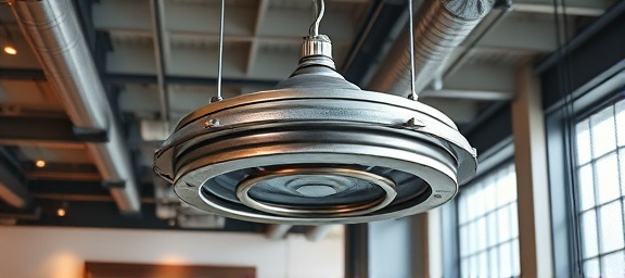 industrial ceiling fixture, raw, suspended, photorealistic, hanging in a modern open-concept loft, highly detailed, glinting metallic elements, textured surfaces, gunmetal grey, high-contrast lighting, shot with a 50mm lens.