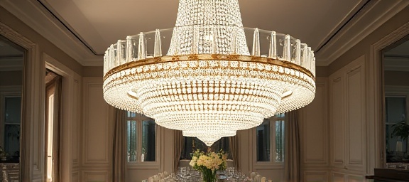 minimalist chandelier, luxurious, sparkling, photorealistic, above a grand dining table in a classic interior, highly detailed, light reflecting from crystals, symmetric patterns, transparent, crystal-clear lighting, shot with a 105mm lens.