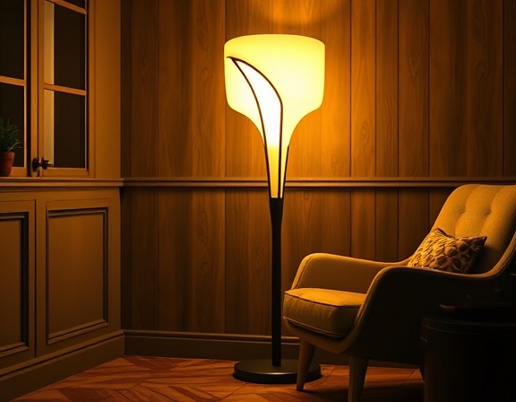 contemporary floor lamp, futuristic, glowing, photorealistic, featured in a cozy reading nook with a plush armchair, highly detailed, warm shadows, intricate design, black, warm tungsten lighting, shot with a macro lens.