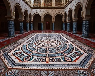 ornate tile patterns, intricate, creating a labyrinth, photorealistic, set in an Islamic courtyard, highly detailed, with falling petals, precision focus, rich reds and golds, ambient twilight lighting, shot with a 24mm lens