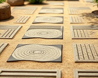natural tile materials, organic, reflecting heritage craftsmanship, photorealistic, forming a pathway in a Zen garden, highly detailed, with flowing sand, realistic grain texture, muted earth tones, diffused natural lighting, shot with a macro lens