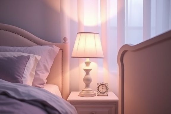 elegant bedside lamp, tranquil, softly glowing, photorealistic, in a serene bedroom with pastel tones, highly detailed, subtle shadows, delicate features, pastel lavender, gentle lighting, shot with a 100mm lens.