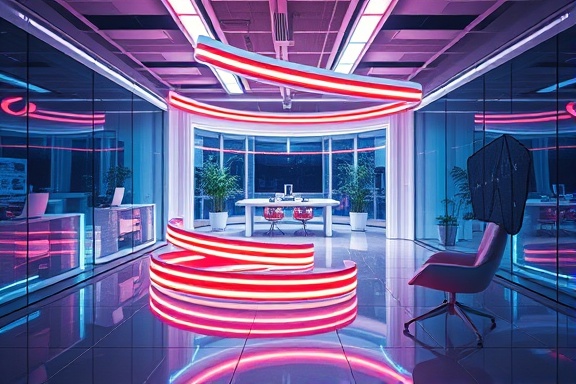futuristic LED strip, dynamic, glowing, photorealistic, wrapped around a tech-savvy workspace with transparent furniture, highly detailed, chromatic reflections, smooth transitions, neon colors, cool white lighting, shot with a 20mm lens.