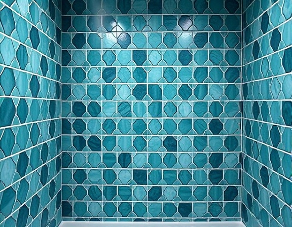 geometric tile designs, orderly, interlocking seamlessly, photorealistic, lining the walls of a modern bathroom, highly detailed, with steam rising, hyper-realistic shading, cool blues and greens, soft ambient lighting, shot with a 50mm lens