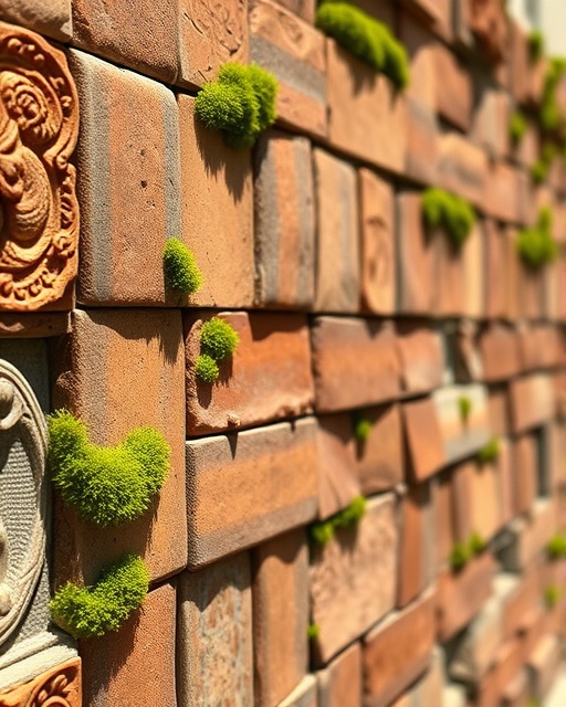 rustic tile materials, tactile, weathered with age, photorealistic, embedded in a Mediterranean villa wall, highly detailed, with moss growing, in focus, warm terracotta hues, sunny natural lighting, shot with a 35mm lens