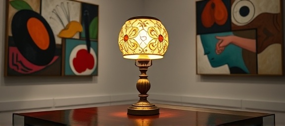 artistic table lamp, creative, illuminating, photorealistic, set in a modern art gallery with abstract paintings, highly detailed, patterned light shadows, intricate craftsmanship, vibrant colors, gallery lighting, shot with a 24-70mm lens.