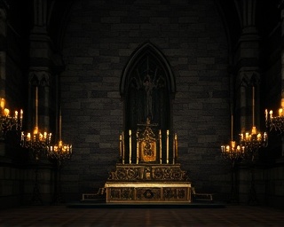 textured tile textures, three-dimensional, casting shadows, photorealistic, adorning a gothic cathedral altar, highly detailed, with lit candles, meticulous detail, dark moody colors, chiaroscuro lighting, shot with a 100mm lens