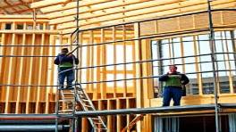 vibrant remodelers construction, bustling, workers building a wooden frame, photorealistic, outdoor construction site with scaffolding, highly detailed, moving machinery, autofocus, bright afternoon sunlight, shot with a 35mm lens