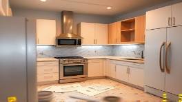 modern remodelers renovation, meticulous, adjusting cabinetry, photorealistic, half-finished kitchen with scattered blueprints, highly detailed, dust particles floating, macro shot, cool hues, overhead LED lighting, shot with a 70mm lens