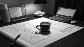 sleek remodelers design, inventive, sketching a floor plan, photorealistic, architect's desk with coffee mug and lamp, highly detailed, swirling pencil shavings, sharp focus, monochrome, focused desk lamp lighting, shot with a 50mm lens