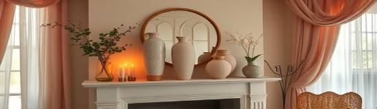 chic remodelers interior, poised, arranging vases on a mantel, photorealistic, elegantly furnished room with artistic decor, highly detailed, flowing cloth and curtains, wide angle, soft blush tones, candlelight lighting, shot with a 35mm lens
