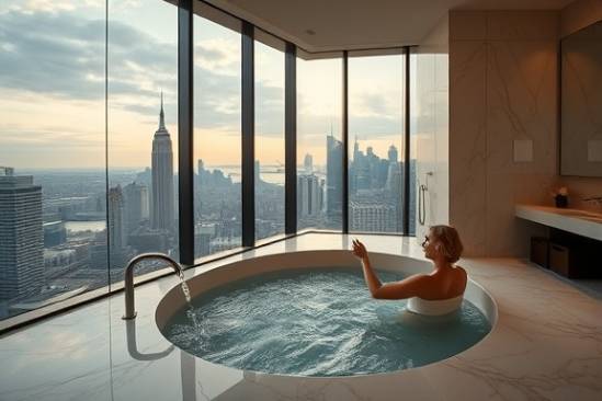 modern luxury bathroom, timeless sophistication, taking a tranquil soak, photorealistic, views of the city skyline through floor-to-ceiling windows, highly detailed, water gently cascading into the tub, HDR image, warm beige and white marble, smooth LED lighting, shot with a 35mm lens.