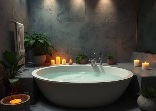 spa-style bathroom, calm indulgence, basking in a luxurious tub, photorealistic, surrounded by plants and natural stone, highly detailed, candles flickering softly, ultra high definition, soft grey color palette, dim mood lighting, shot with a 50mm lens.