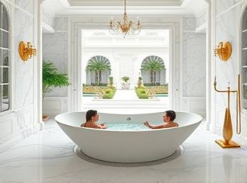 elegant marble bathroom, opulent charm, reclining in a freestanding tub, photorealistic, overlooking a tranquil courtyard, highly detailed, gentle water ripples, 8k resolution, shimmering white and gold accents, natural lighting, shot with a 28mm lens.