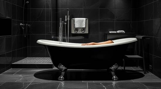 chic luxury bathroom, modern elegance, lounging in a clawfoot bathtub, photorealistic, surrounded by high-gloss tile and a glass shower, highly detailed, subtle water movements, full HD, sleek black and chrome, spot lighting, shot with a 30mm lens.