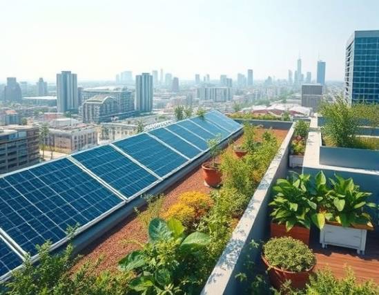 sustainable ecofriendly renovation, innovative, integrating nature and technology, photorealistic, rooftop garden with urban cityscape, highly detailed, solar panels and greenery, clear crisp quality, soft blues and greens, diffused daylight, shot with a wide-angle lens.