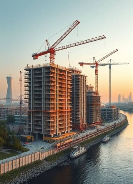 cutting-edge ecofriendly construction, dynamic, using sustainable resources, photorealistic, construction site near a river, highly detailed, cranes and eco-friendly machinery, precise structural details, neutral and natural colors, golden hour lighting, shot with a telephoto lens.