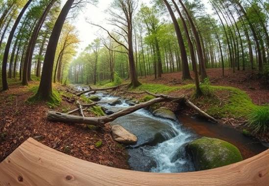 minimalist ecofriendly design, elegant, blending into natural landscape, photorealistic, forest setting with a stream, highly detailed, natural wooden surfaces and textures, smooth polished finish, earthy browns and soft whites, ambient natural light, shot with a fisheye lens.