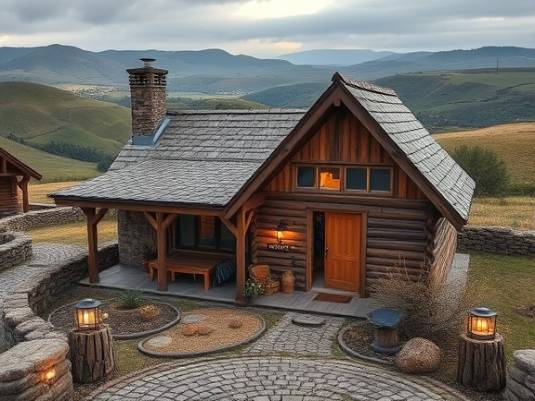 rustic ecofriendly home design, cozy, incorporating reclaimed wood, photorealistic, countryside setting with rolling hills, highly detailed, cobblestone elements and solar lights, rich texture quality, muted earth tones, soft morning light, shot with a standard zoom lens.