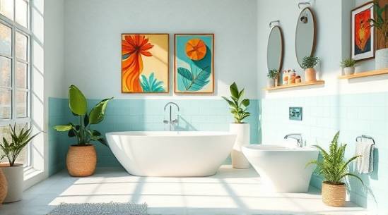 contemporary bathroom decor, refreshing and vibrant, decorated, photorealistic, featuring vibrant artwork and plants, highly detailed, dynamic shadow play on the floor, 4K quality, teal and white, natural sunlight, shot with a standard lens.