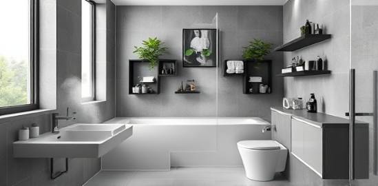 sleek bathroom upgrade, minimalist and functional, revamped, photorealistic, clean lines and open shelving with plants, highly detailed, steam rising from hot water, precise sharpness, black and white, bright LED lighting, shot with a zoom lens.