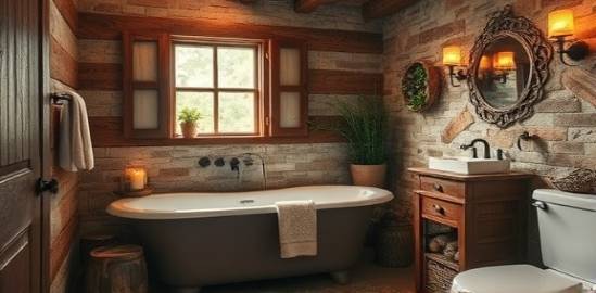 rustic bathroom renovation, cozy and charming, crafted, photorealistic, distressed wood accents and stone walls, highly detailed, flickering candlelight, realistic rendering, earth tones, soft glow, shot with a telephoto lens.