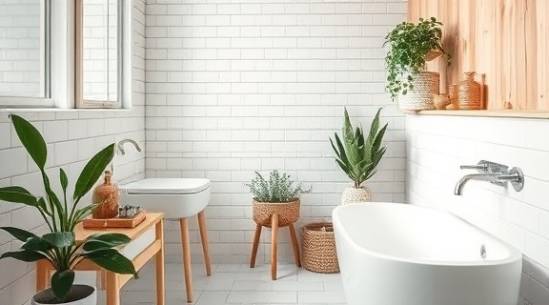 scandinavian bathroom decor, clean and airy, curated, photorealistic, natural wood and white tiles with greenery, highly detailed, soft reflections in metallic elements, ultimate clarity, light wood and white, diffused lighting, shot with a portrait lens.