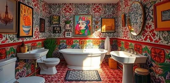 eclectic bathroom makeover, bold and creative, adapted, photorealistic, mix of patterns and vibrant colors, highly detailed, intricate shadows cast by art pieces, ultra realistic, rainbow hues, dramatic floor lights, shot with an anamorphic lens.
