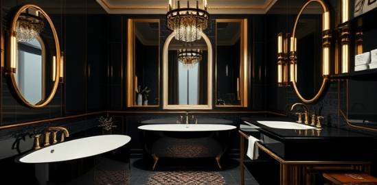 art deco bathroom design, glamorous and elegant, conceptualized, photorealistic, geometric patterns and mirrored accents, highly detailed, light play on glossy surfaces, true-to-life colors, black and gold, ambient low-light, shot with a tilt-shift lens.