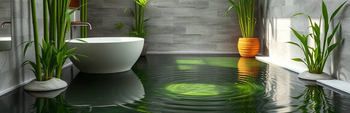 zen bathroom upgrade, tranquil and calming, enhanced, photorealistic, bamboo elements and water features, highly detailed, gentle ripples in a water surface, supreme detail, natural greens and waters, ambient natural light, shot with a 50mm lens.