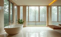 luxurious spa bathroom makeover, serene and soothing, remodeled, photorealistic, large windows overlooking a tranquil forest, highly detailed, mist from showers, perfect sharpness, beige and natural greens, tranquil ambient light, shot with a panoramic lens.