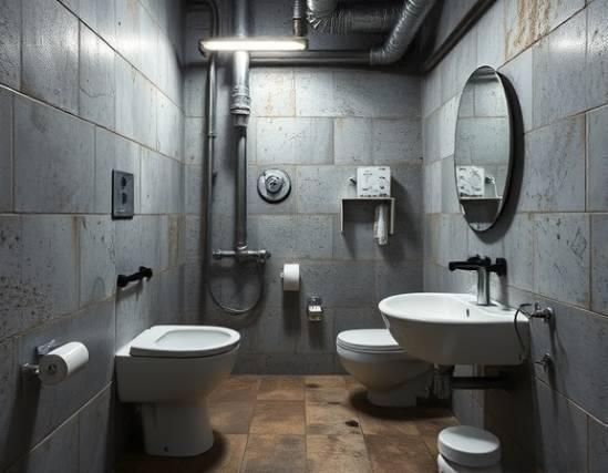 industrial bathroom design, raw and edgy, structured, photorealistic, exposed pipes and concrete surfaces, highly detailed, reflections in metallic elements, superior resolution, steely grays and rust, cool fluorescent light, shot with a standard lens.
