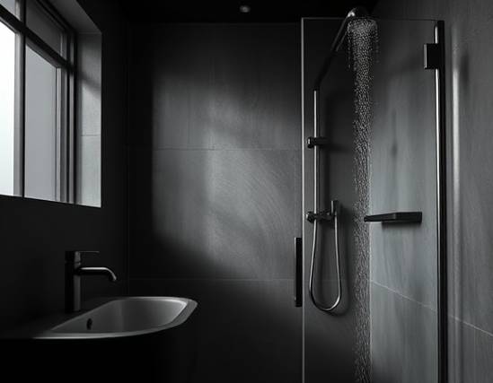 contemporary bathroom, rejuvenating, freshly renovated, photorealistic, showcasing matte black fixtures and a sleek glass shower, highly detailed, water droplets glistening, 8K resolution, monochrome finish, direct natural lighting, shot with a 35mm lens.