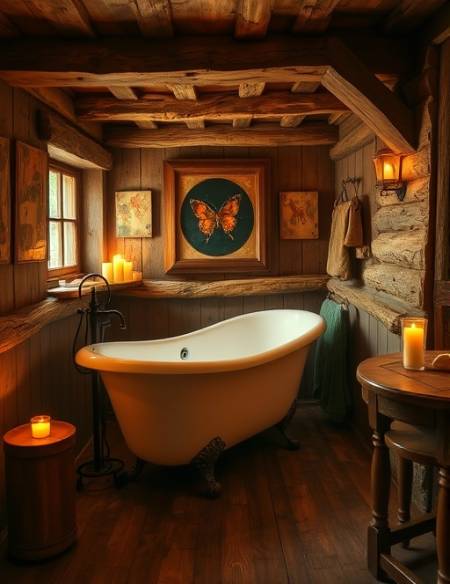 rustic bathroom, cozy, inviting relaxation, photorealistic, adorned with wooden beams and vintage clawfoot tub, highly detailed, gentle flicker of candlelight, HDR, warm earthy tones, low ambient lighting, shot with a 24mm lens.