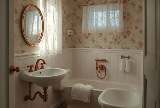 vintage bathroom, nostalgic, celebrating timeless elegance, photorealistic, featuring floral wallpaper and copper fixtures, highly detailed, sunlight streaming through lace curtains, 6K resolution, pastel hues, soft morning light, shot with a 50mm lens.