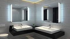 modern bathroom, chic, clean lines, photorealistic, integrated technology with smart touch mirrors, highly detailed, reflections cast by glossy surfaces, 8K resolution, silver and black contrast, LED under-lighting, shot with a 28mm lens.
