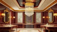 lavish bathroom, opulent, exuding luxury, photorealistic, marble surfaces and gold accented fixtures, highly detailed, gentle waterfall from ceiling shower, 4K resolution, rich maroon and gold tones, glowing chandeliers, shot with a 35mm lens.