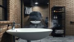 industrial bathroom, bold, edgy character, photorealistic, exposed brick walls and iron pipe shelving, highly detailed, steam drifting upward, UHD, grayscale with metallic highlights, strong spotlighting, shot with a 24mm lens.