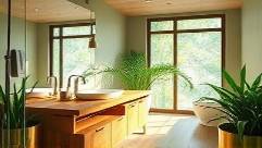 eco-friendly bathroom, refreshing, sustainable materials, photorealistic, bamboo flooring and repurposed wood vanity, highly detailed, subtle aroma of green plants, 6K resolution, natural greens and browns, sunlight streaming in, shot with a 50mm lens.
