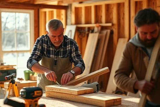 organized remodeling project, determined expression, measuring and cutting wood precisely, photorealistic, in a sunlit outdoor workshop with tools scattered around, highly detailed, sawdust flying through the air, sharp focus, warm wood tones, direct sunlight, shot with a 35mm lens.