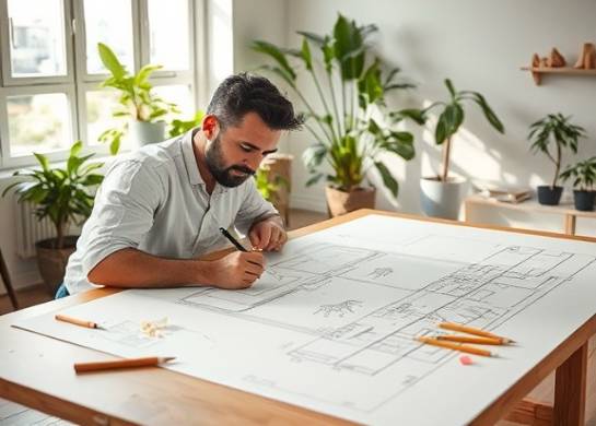 innovative remodeling design, thoughtful expression, sketching on a large drafting table, photorealistic, in a sun-drenched studio with plants in the background, highly detailed, pencil shavings and sketches scattered, crisp lines, soft greens and whites, diffused natural light, shot with a 85mm lens.
