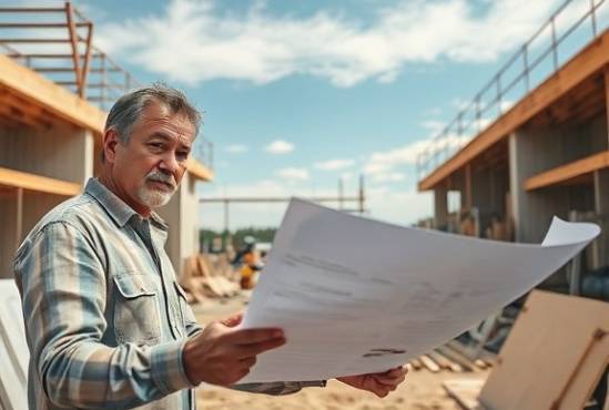 strategic remodeling strategy, focused and analytical expression, reviewing blueprints on a construction site, photorealistic, amidst building materials and equipment with a clear sky overhead, highly detailed, wind blowing papers, clear image, earthy tones, ambient daylight, shot with a wide-angle 24mm lens.