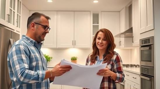 collaborative remodeling project, engaged expression, discussing plans with a partner, photorealistic, in a renovated kitchen with sleek appliances and bright lighting, highly detailed, gesturing hands, vivid clarity, stainless steel and white color scheme, overhead lighting, shot with a 50mm lens.