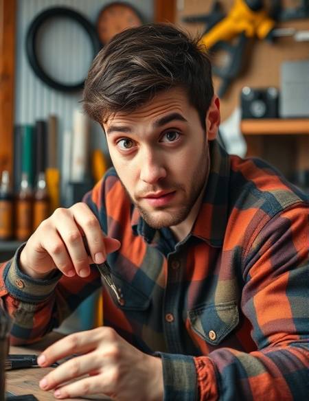creative budgetfriendly hacks, curious expression, assembling a DIY project, photorealistic, workspace filled with various tools and materials, highly detailed, small dust particles in the air, sharp clarity, vibrant hues, natural daylight, shot with a macro lens.