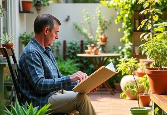 simple budgetfriendly ideas, inspired expression, brainstorming with a notebook, photorealistic, quaint garden patio surrounded by plants, highly detailed, birds chirping in the background, fine textures, pastel colors, morning sunshine, shot with a prime lens.
