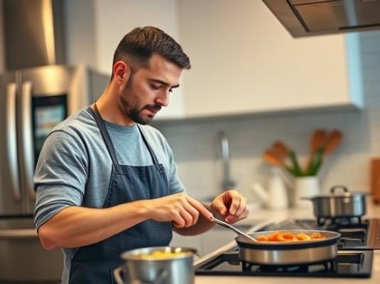 efficient budgetfriendly lifestyle, focused expression, preparing a healthy meal, photorealistic, modern kitchen with stainless steel appliances, highly detailed, simmering food scents, high definition, neutral colors, bright overhead lighting, shot with a zoom lens.